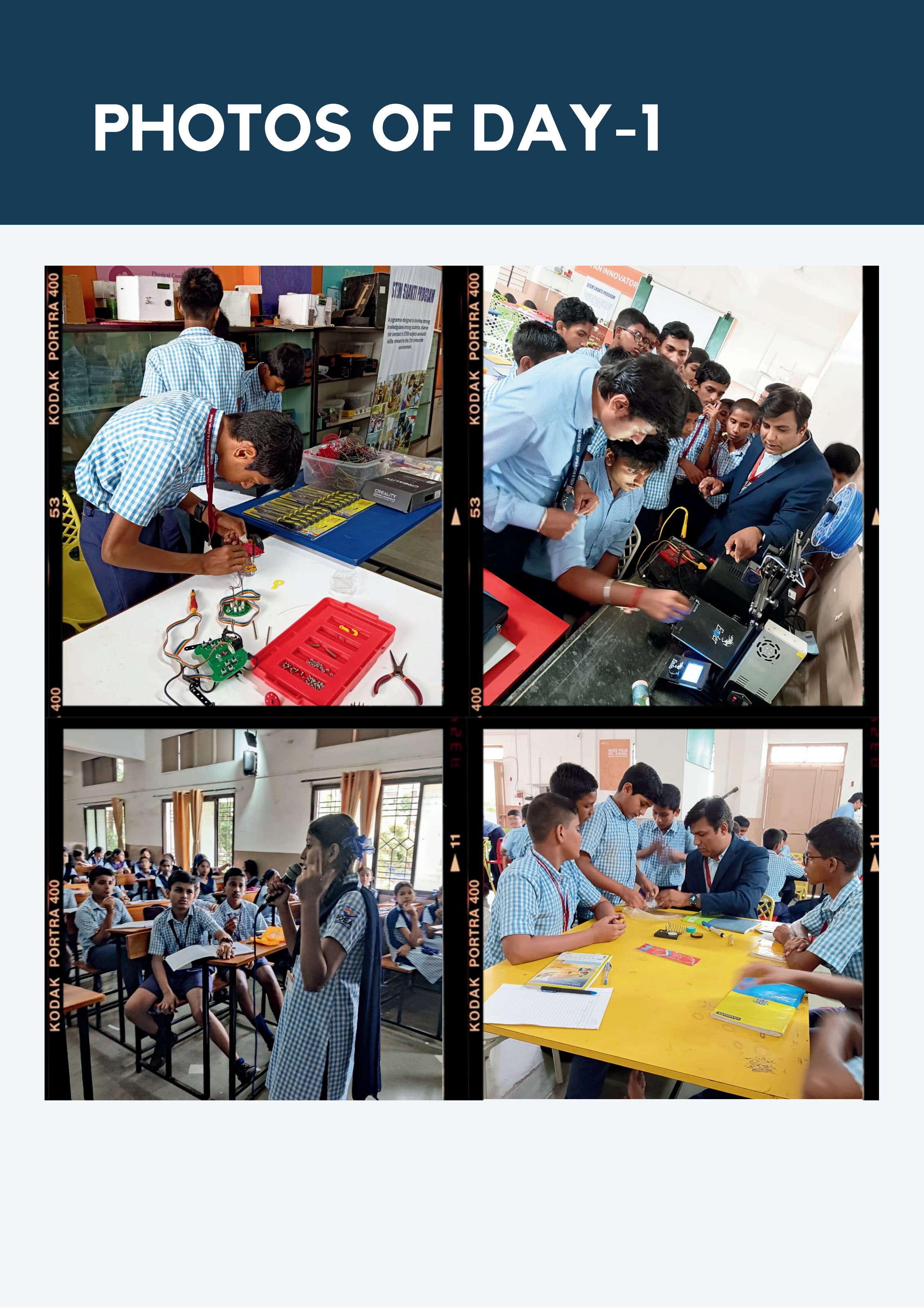 Day 1 — students working with robotics kits and a 3D printer