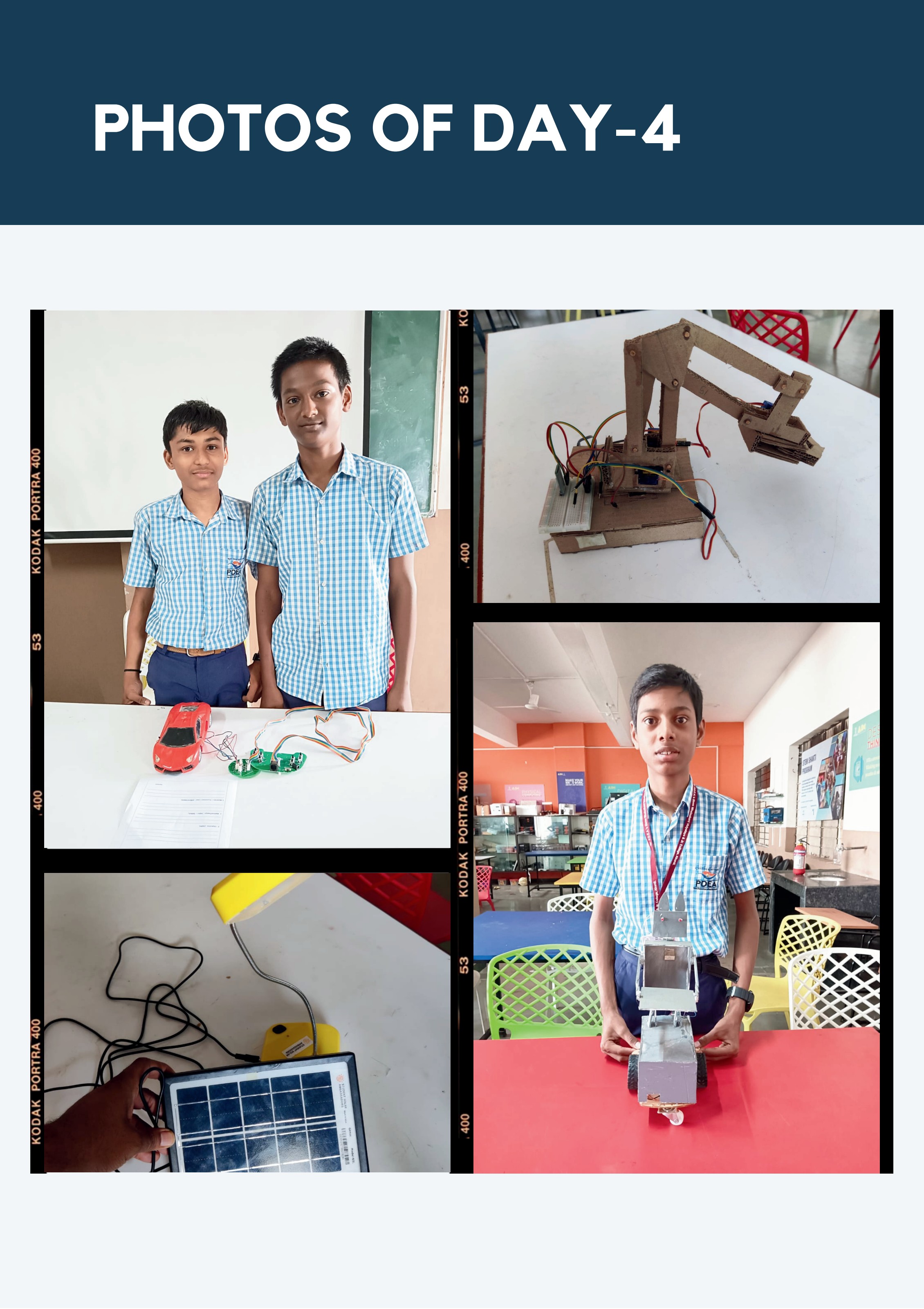 Day 4 — student-built projects including solar and robotic-arm prototypes